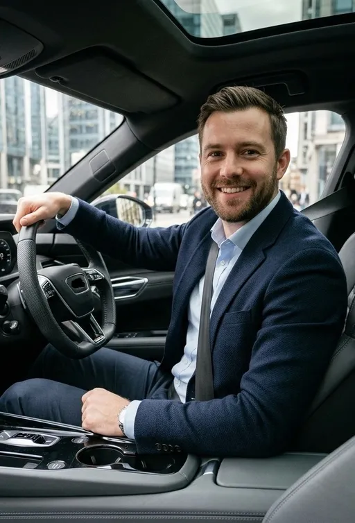 A young man sitting in a car smiling