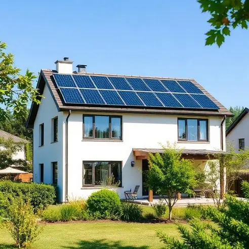 A beautiful home with solar panels on its roof