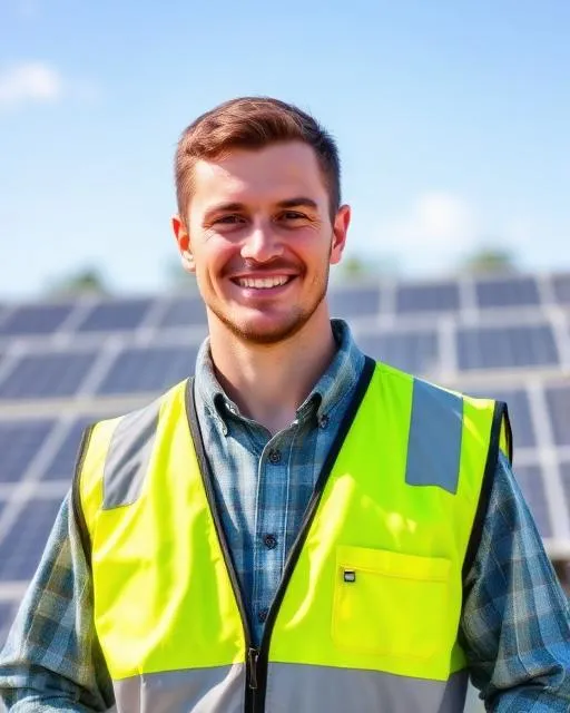 A solar engineer standing with solar panels in the background