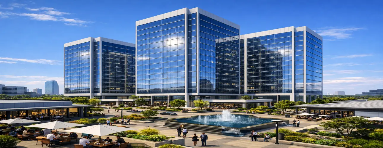Soalr panels integrated into glass facades in technology park buildings