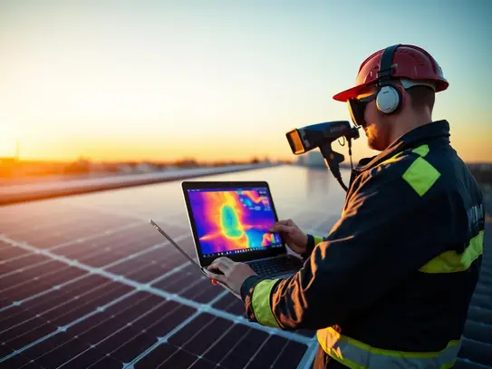 Solar technician taking thermal imaging of solar panels
