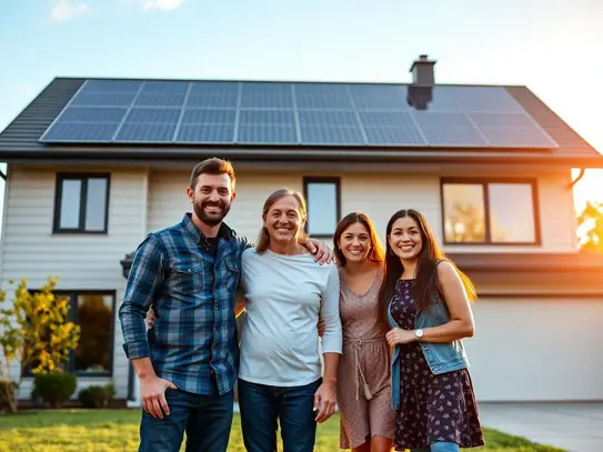 Happy family standing in front of a solar powered home